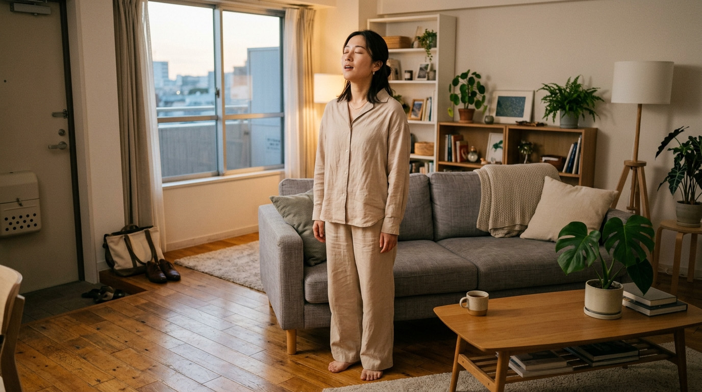 リビングでリネンのルームウェアを着てくつろぐ様子