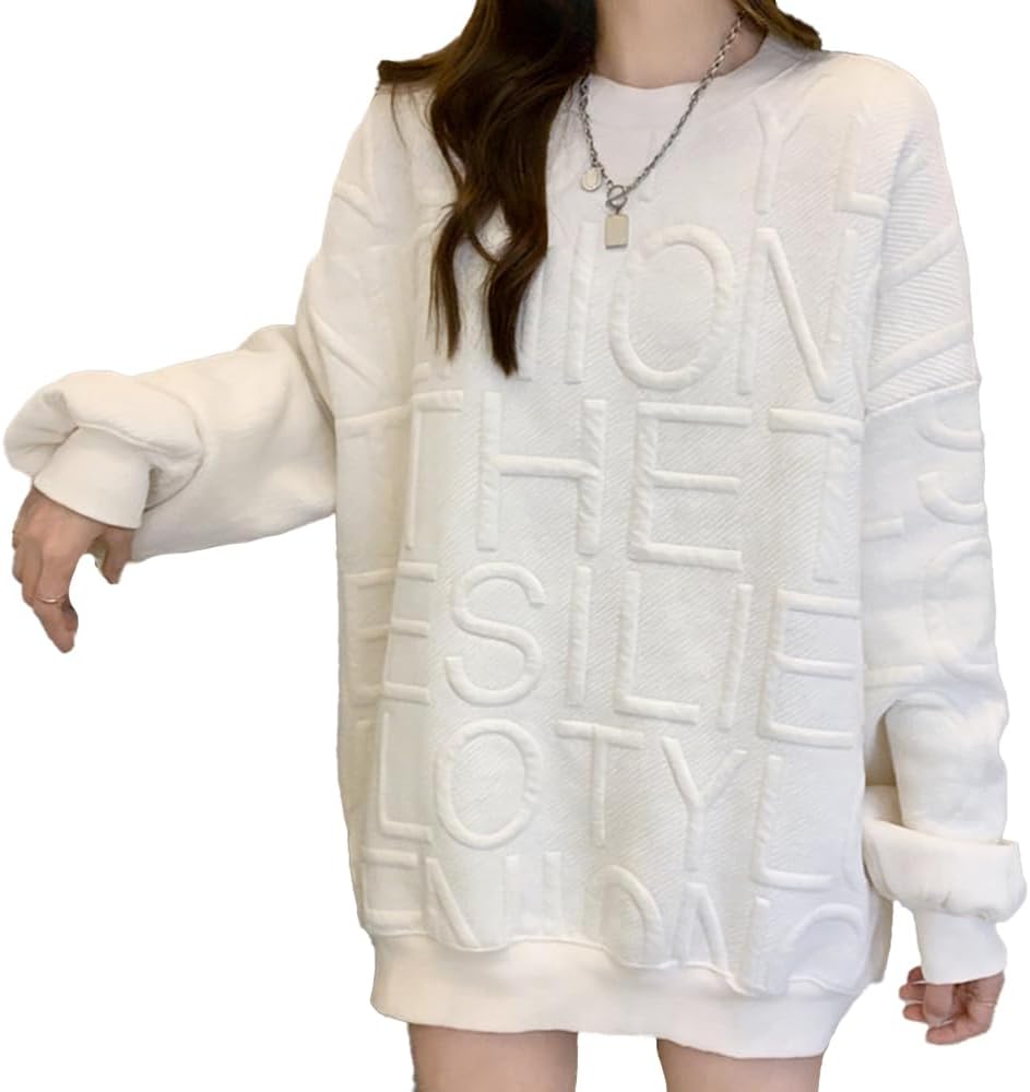 Moilyuko レディース トレーナー パーカー プルオーバー エンボス加工 英字ロゴ 長袖 Tシャツ カットソー スウェット トップス ゆったり 大きいサイズ おしゃれ カジュアル 春秋冬 ブラック Mo105