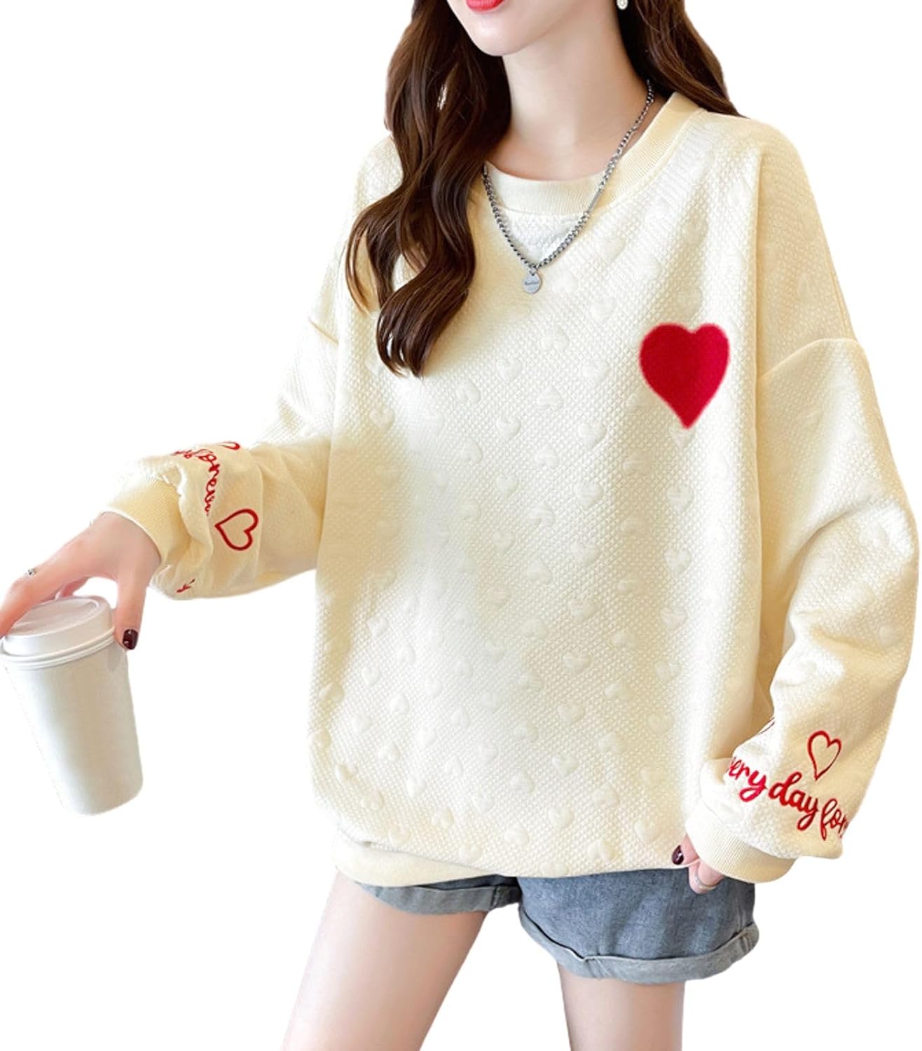 [SeiunAn] トレーナー レディース パーカー スウェット プルオーバー 秋 冬 春 長袖 トップス 薄手 大きいサイズ エンボス加工 ハート柄 おしゃれ クルーネック ロンt ゆったり オーバーサイズ カジュアル かっこいい 韓国 長袖Tシャツ