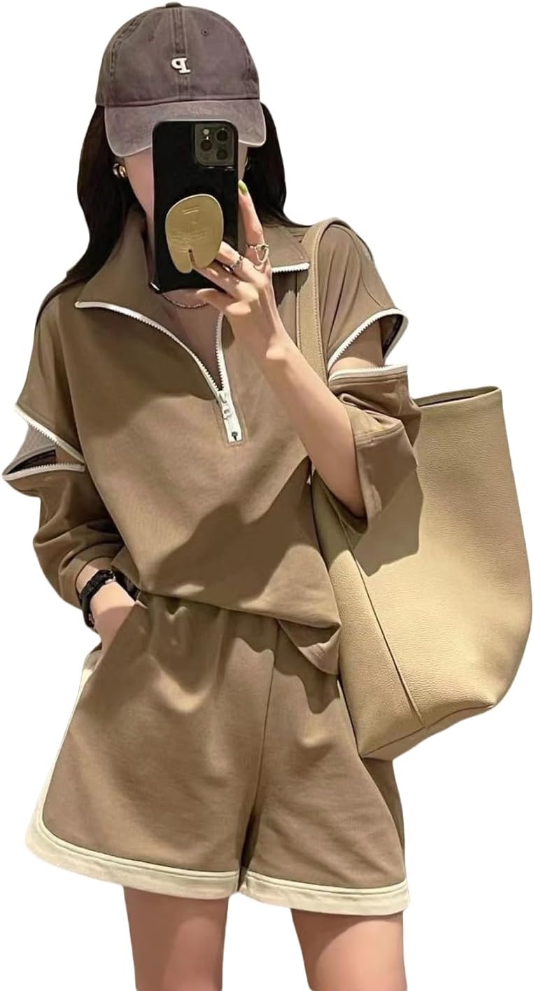 [KOSIKINI] セットアップ レディース 夏 半袖 ポロシャツ ショートパンツ 上下セット 半袖 スウェット 夏服 ジャージ ゆったり 大きいサイズ 普段着 カジュアル 韓国 お洒落 女性 ルームウェア セットアップ