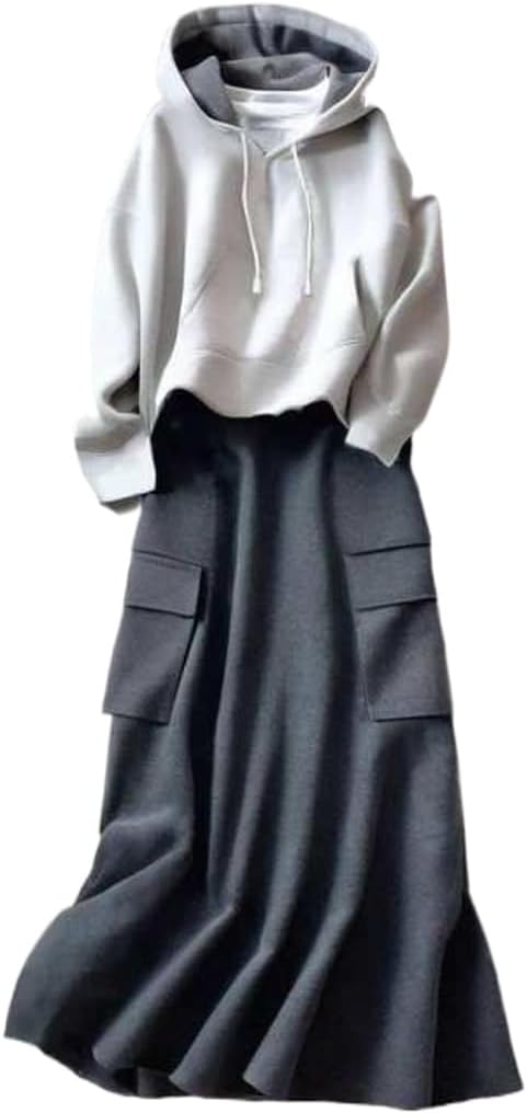 [DYIOPMFGZ] パーカー セット レディース セットアップ ジャージ ストレートスカート ロングスカート スウェット トレーナー フード付き ダブルジップ 上下セット Iライン 可愛い オシャレ ゆったり ギャザー 秋冬