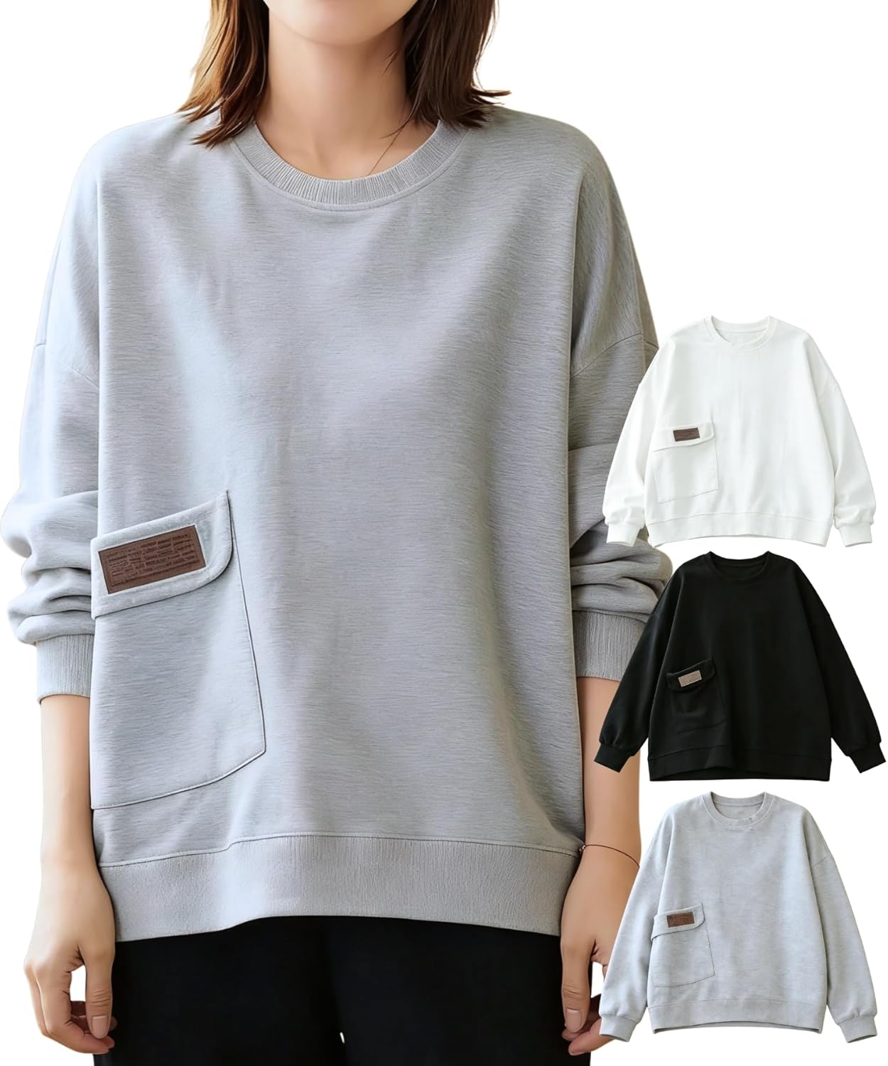 [Toozozu] ポケット トレーナー オーバーサイズ 長袖 - レディース トップス スウェットシャツ 体型カバー ロングtシャツ ゆったり ドロップショルダー ビッグシルエット 着痩せ 着回し 大きいサイズ カジュアル 無地 韓国 春秋冬