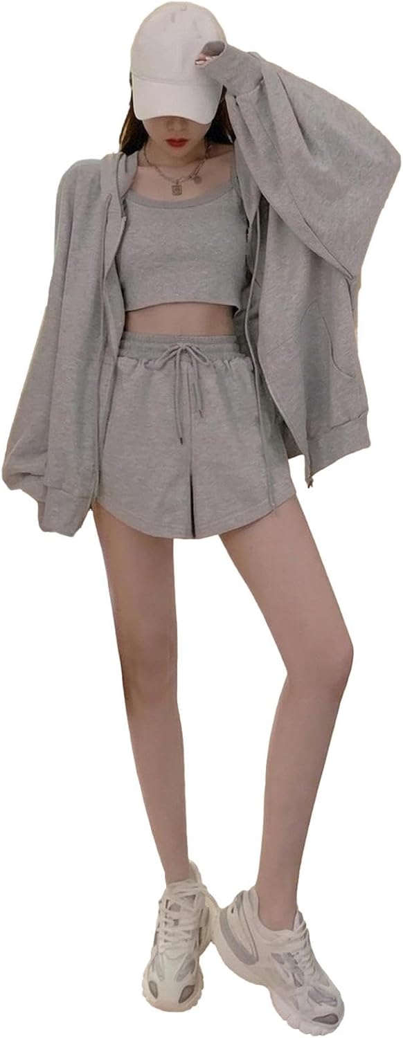 [ReiLuana] スウェット セット アップ ルームウェア レディース 3点 パーカー キャミソール ショートパンツ